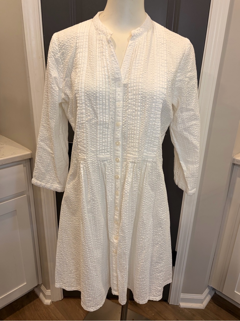 Madison Mathews White Button-Front Textured Cotton Tunic Dress-Medium